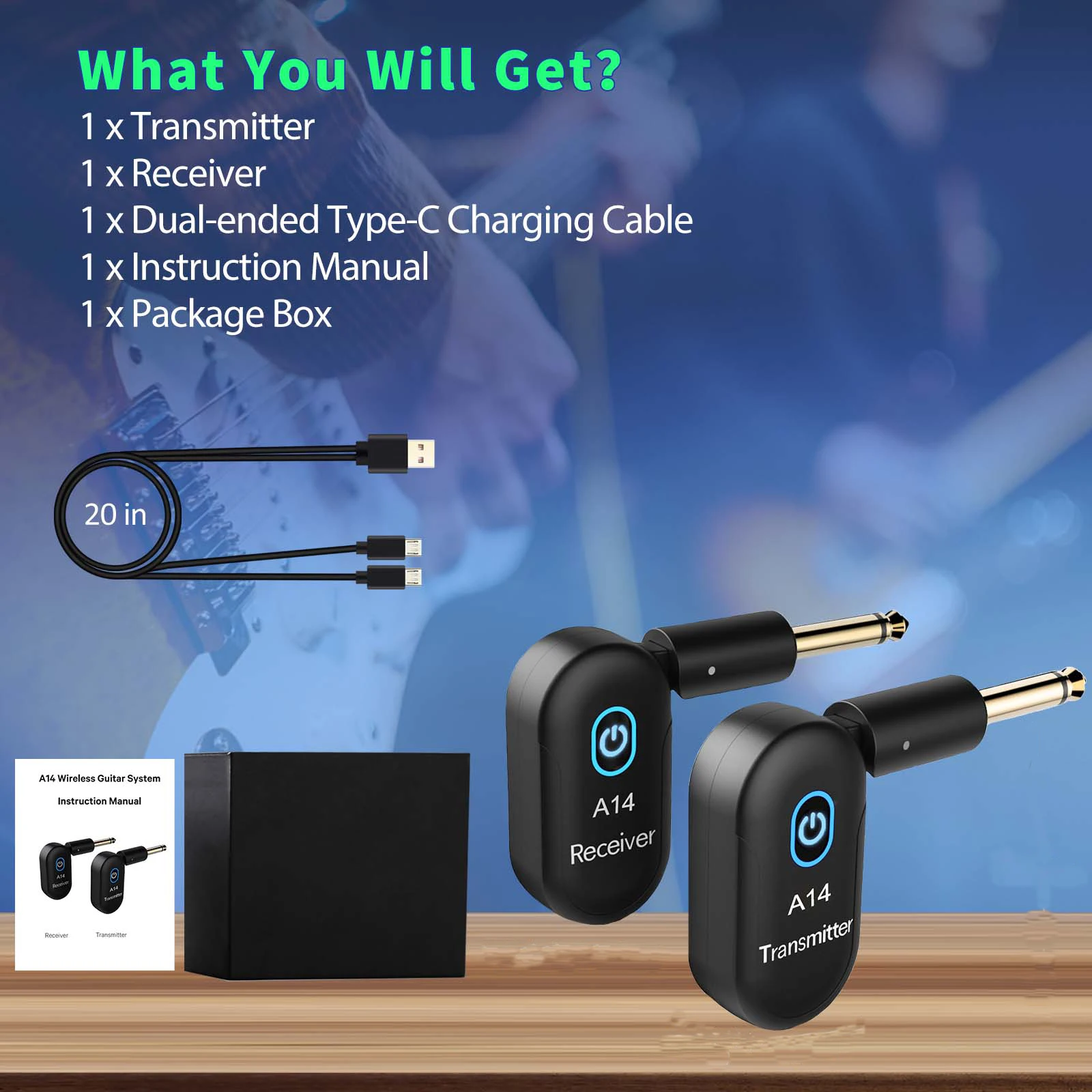 2.4GHz Wireless Guitar System Rechargeable Audio Wireless Transmitter Receiver 90&deg;Rotatable for Guitar Bass Electric Instruments wireless guitar system