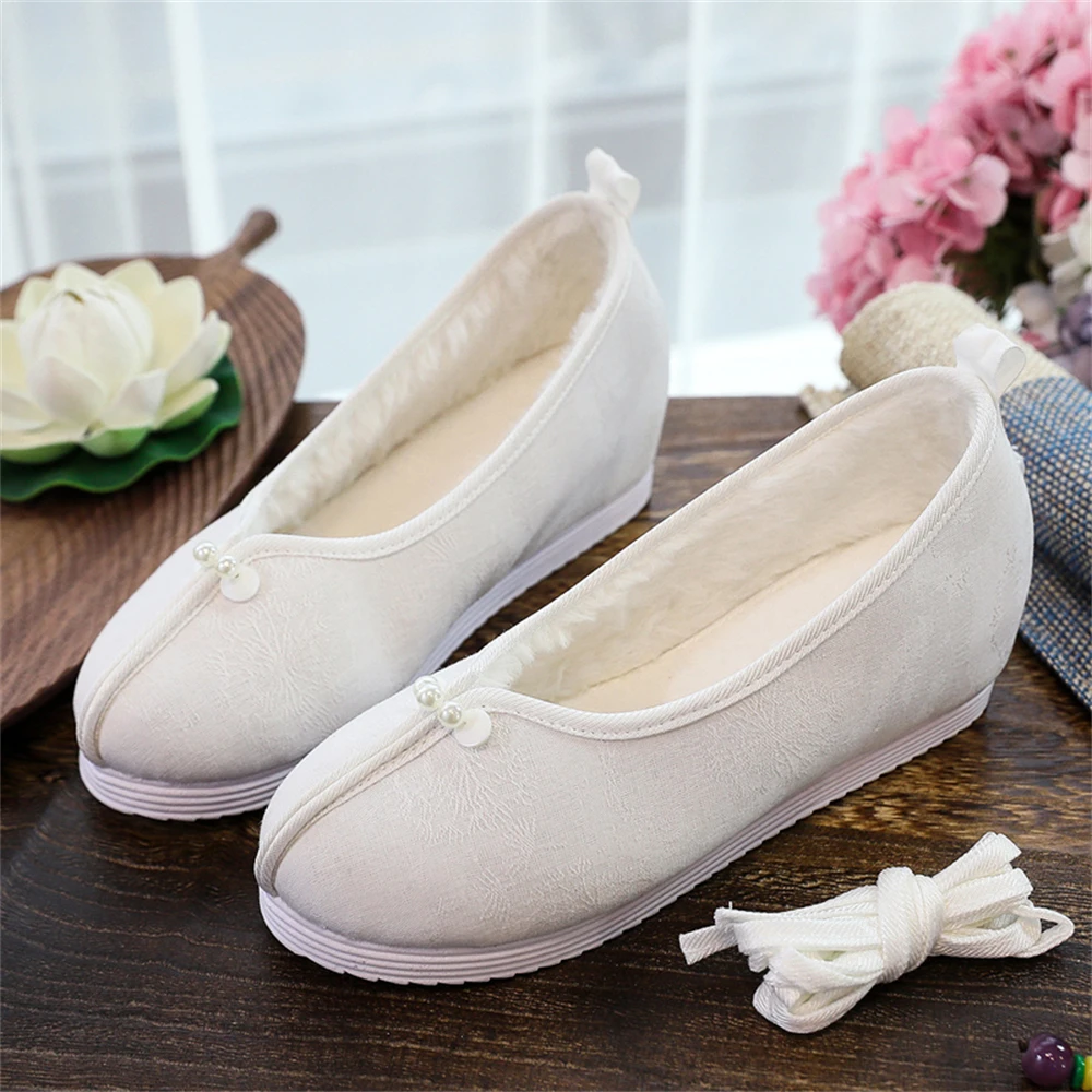Autumn Winter Ancient Style Hanfu Shoes 1 pair Solid Color Thickened Shoes Hidden Heels Round-headed Single Shoe Women Girl Gift cosplay shoes