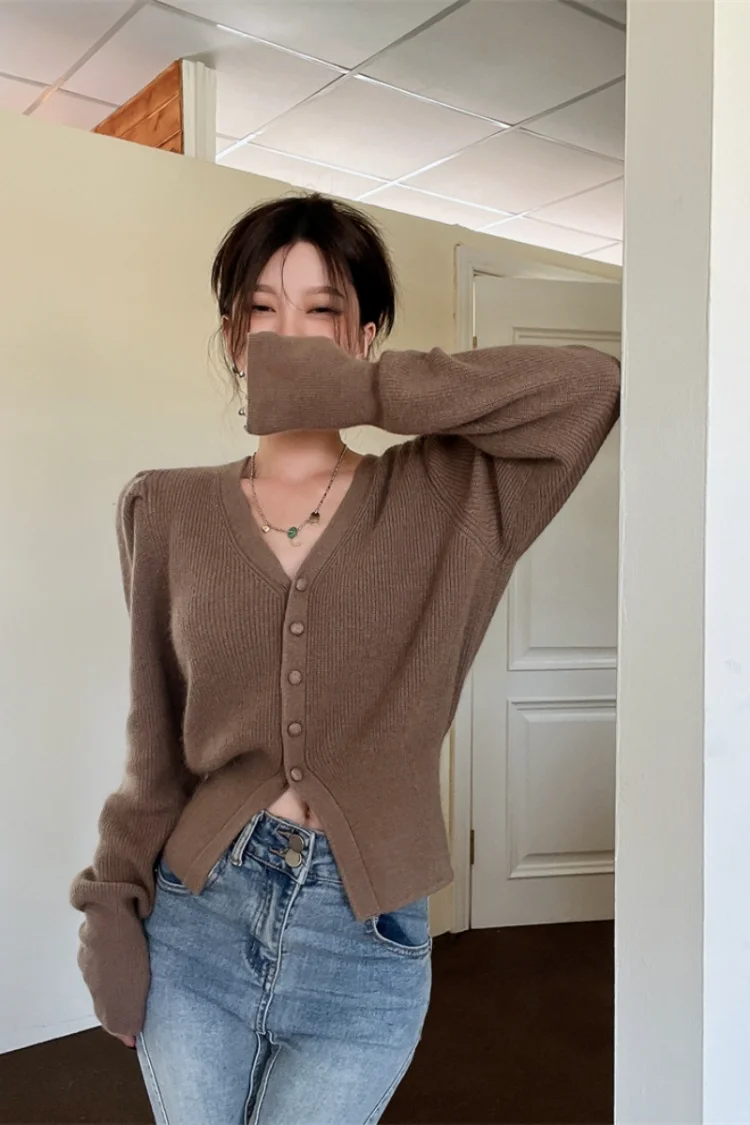 

ZCSMLL Irregular short wool knitting cardigan temperament v neck sweater coat long sleeve solid color 2022 autunn tops for women