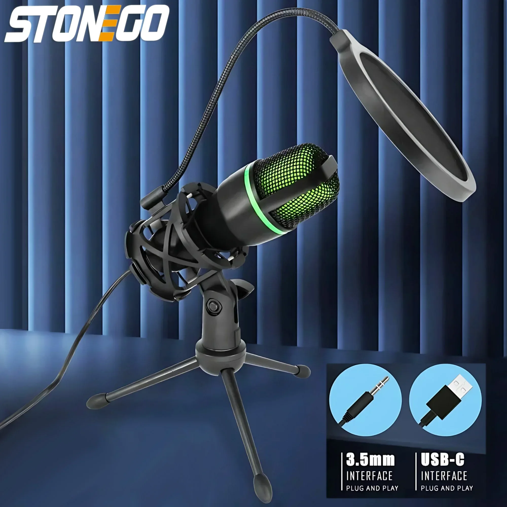RGB Lighting Microphone Kit with Tripod Stand Professional Condenser Mic for Streaming YouTube Podcasts and Recording