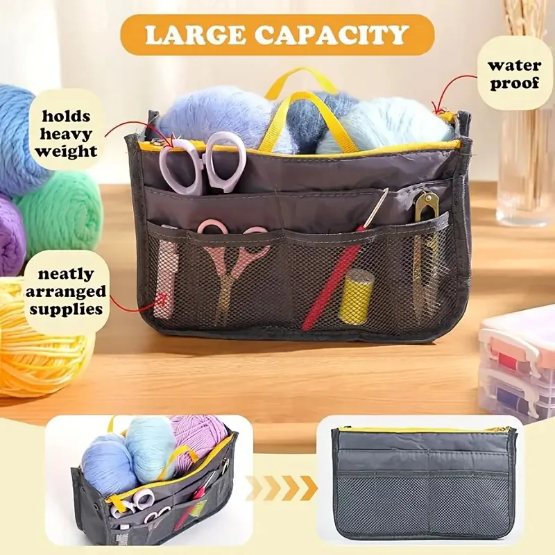 Hanging Yarn Storage Organizer - 4 Large Clear Pockets With Zippers, Over-Door Hooks, 47.2x16.5x6.3 Inches, Gray