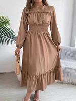 Autumn and Winter Casual Elegant Solid Color Round Neck Long Sleeved Waist Cinched Lotus Leaf Edge Dress Women Clothing - Image 3