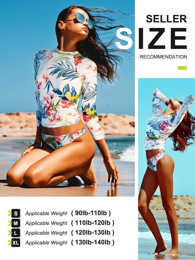 Yeezzi Women Swimsuit Bathing Suit 2 Pieces Swimwear Long Sleeves Floral Print Female Bikini Suits Rash Guard Fashion New 2021