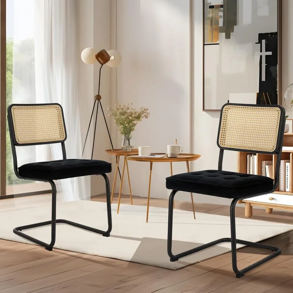 Mid Century Modern Dining Chairs Set of 4, Velvet Rattan Dining Room Kitchen Side Chairs with Upholstered Seat 3