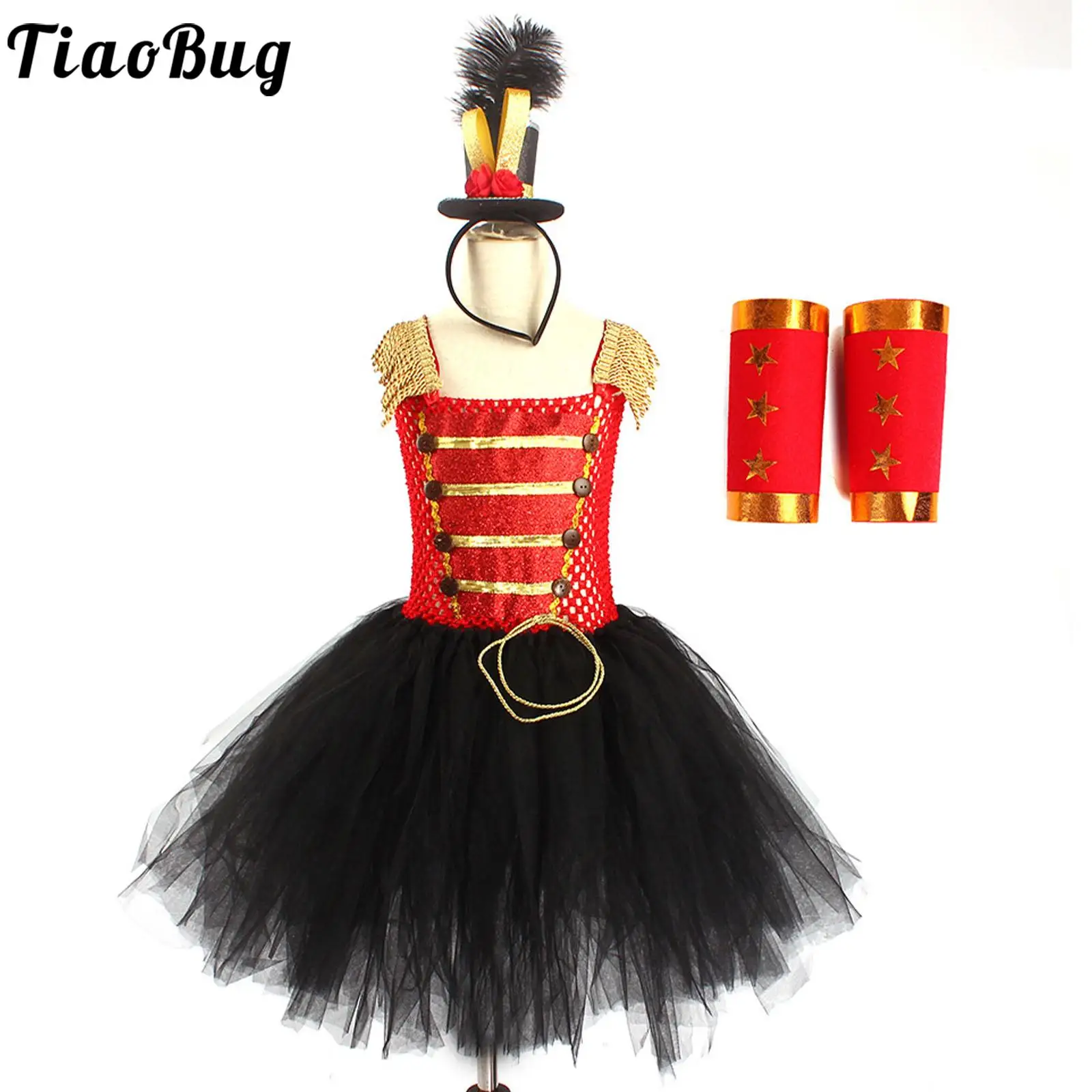 

Kids Girls Halloween Circus Ringmaster Costumes Carnival Theme Party Cosplay Cutout Bodice Tutu Dress with Armbands Headwear