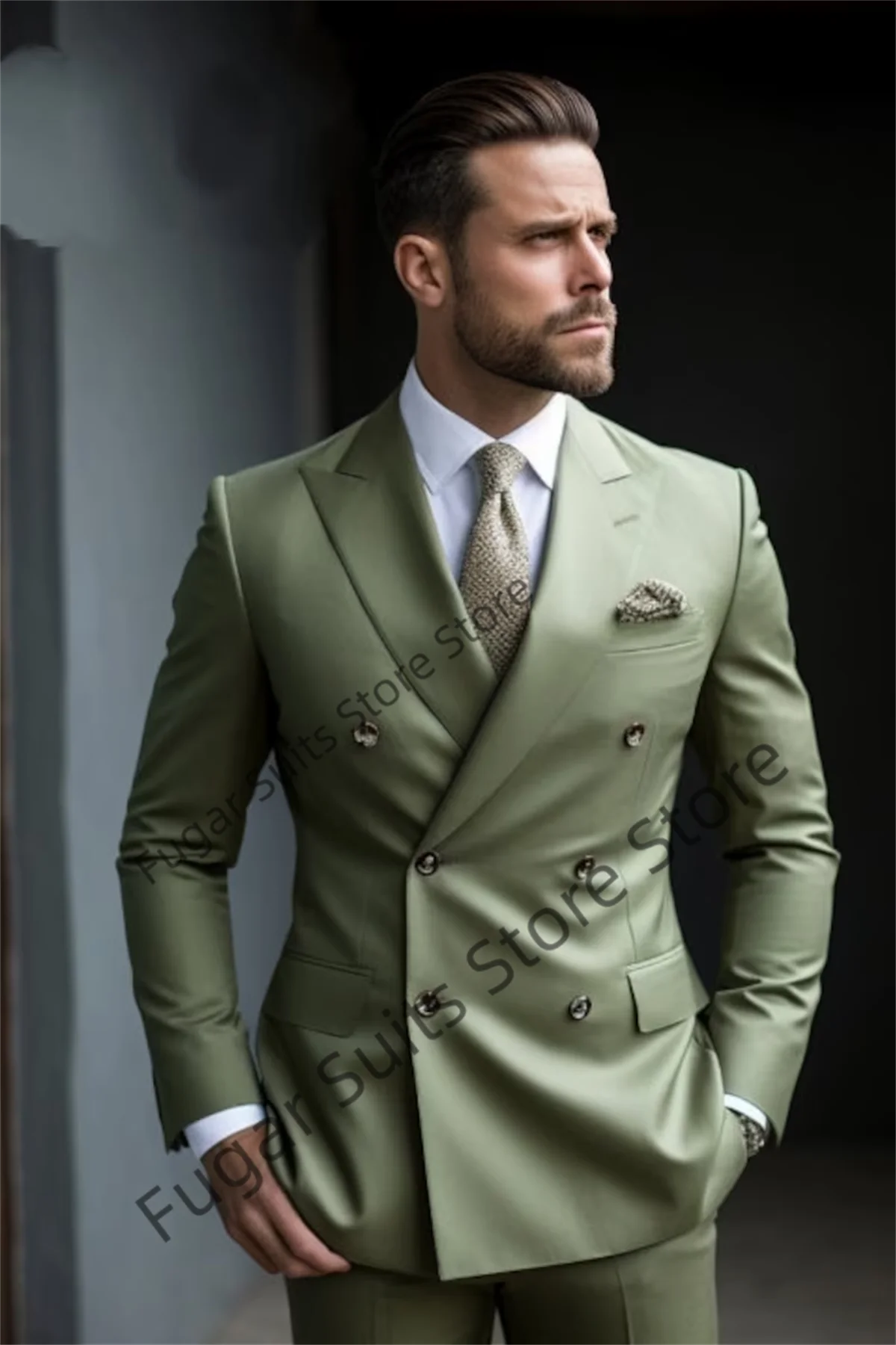 Fashion Double Breasted Green Wedding Slim Fit Peak Lapel Formal Groom Tuxedos 2 Pieces Sets Handsome Male Blazer Costume Homme