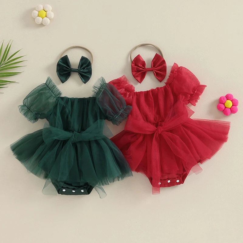 

New Baby Girls Summer Casual Romper Dress Short Sleeve Bow Tulle Romper With Headband 0-12 Months Hot Sale