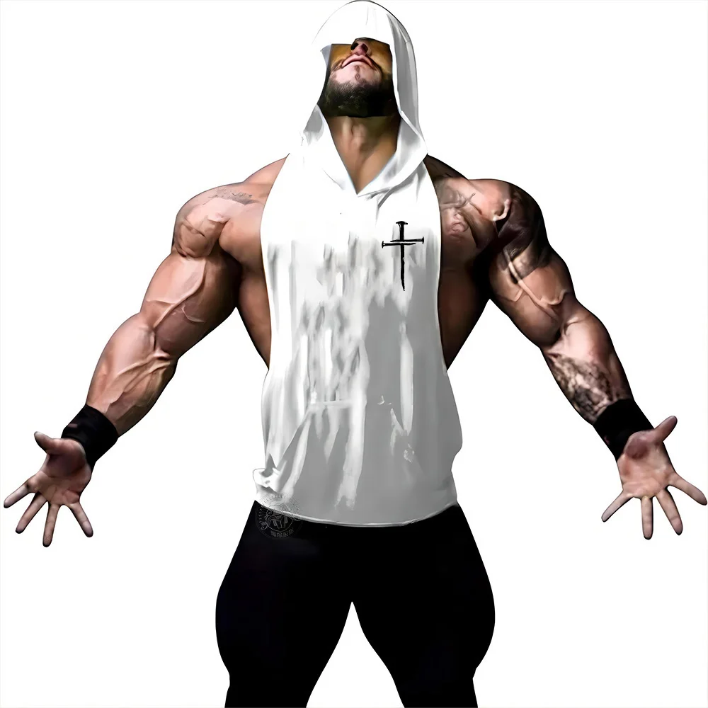Men's simple cool print fast drying four seasons fashion hooded vest outdoor sports fashion casual breathable sleeveless