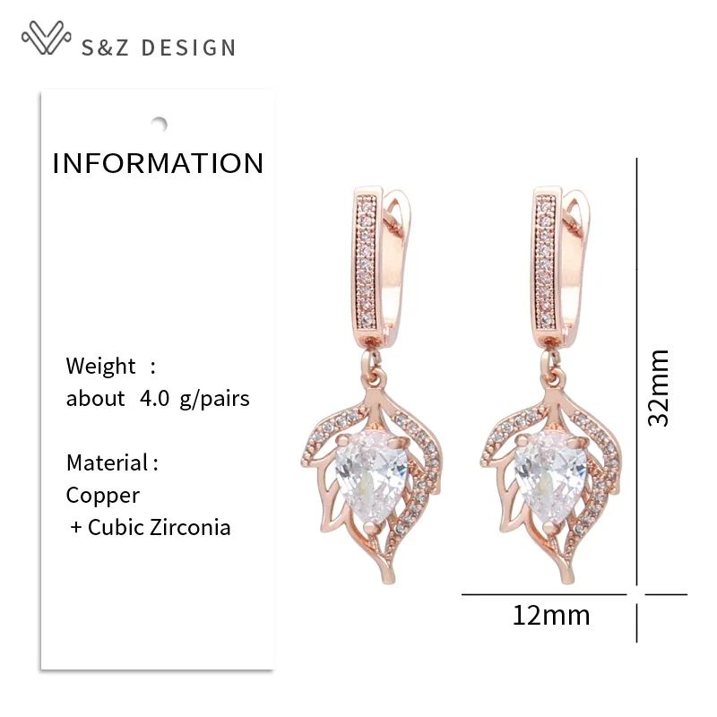 S&Z DESIGN New Fashion Water Drop Cubic Zirconia Hollow Out Leaf Dangle Earrings For Women Trendy 585 Rose Gold Color Eardrop