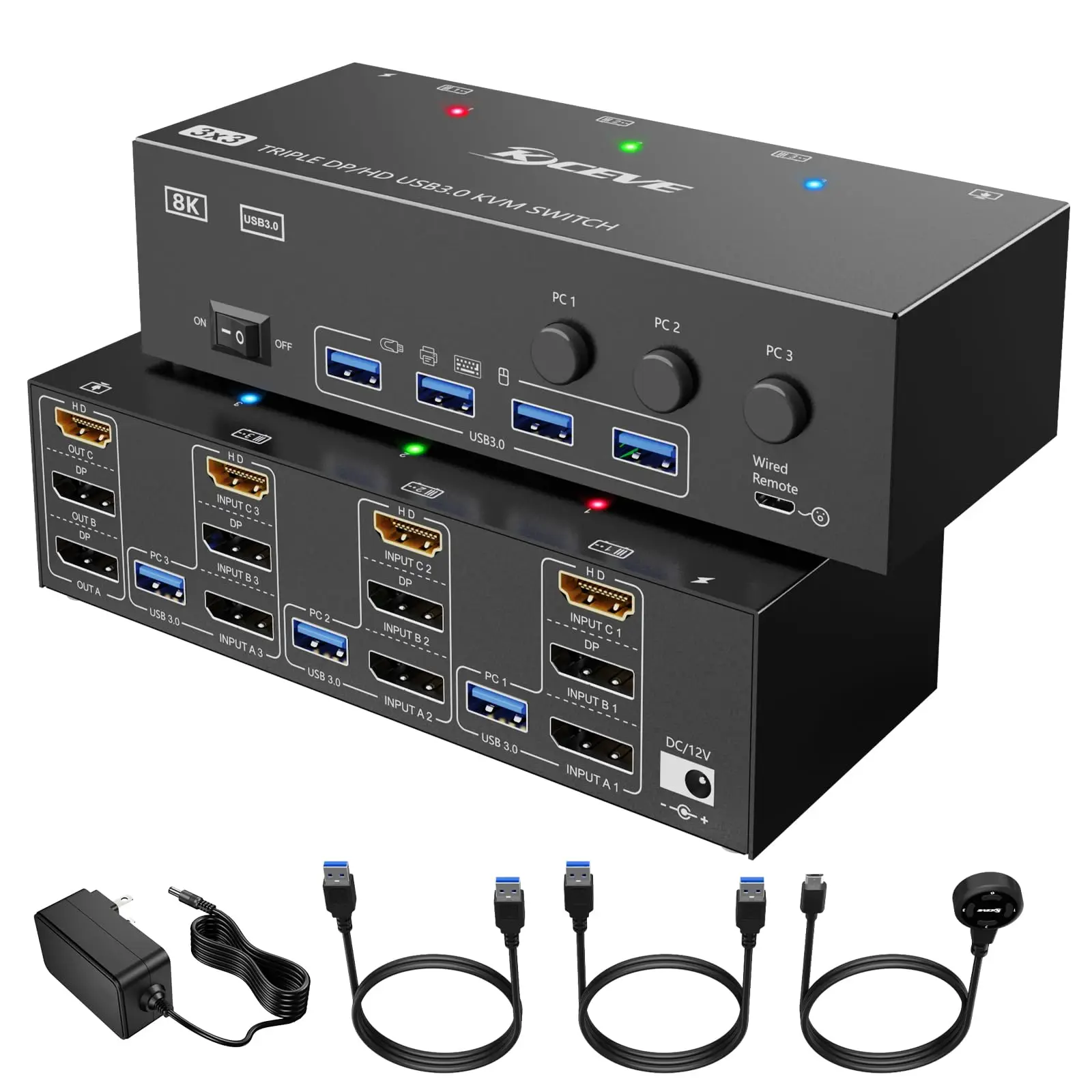 2024 Nuovo Kceve Hdmi Usb 3.0 Kvm Switch 3 Monitor 3 Computer 8K @ 60Hz 4K @ 144Hz Triplo Monitor Kvm Con 4 Porte Usb 3.0 Kvm Tripl