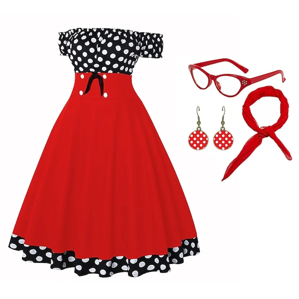 

50s Outfit Flare Dress Off Shoulder 4 Pcs 1950s Audrey Hepburn Accessories Set Retro Vintage Swing Dress Date Festival