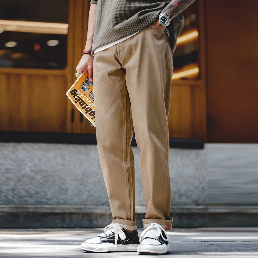 Maden Men Khaki Raw Jeans 11.7OZ Redline Selvedge Denim Jeans Amekaji Straight Pants Male Casual Trousers Hombre Solid Pants 2