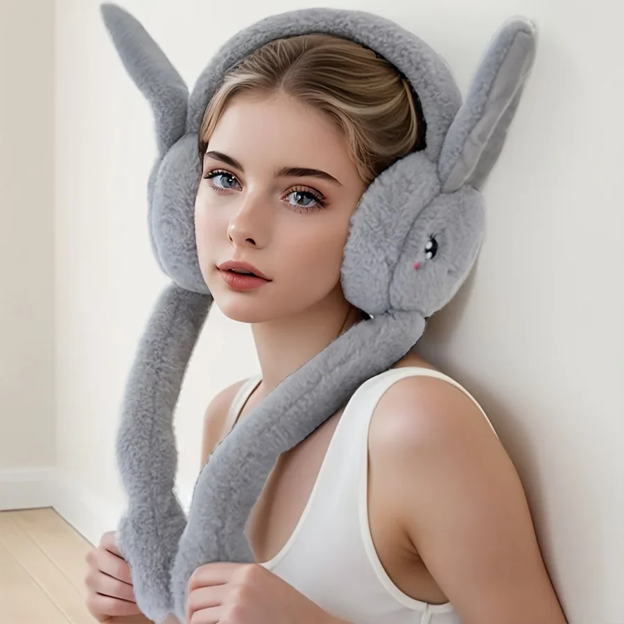 Cartoon Bunny Ear Warmers Plush Knitted Stretchable Polyester Ear Muffs Reusable Cozy Ear Covers for Winter Hand Wash Care
