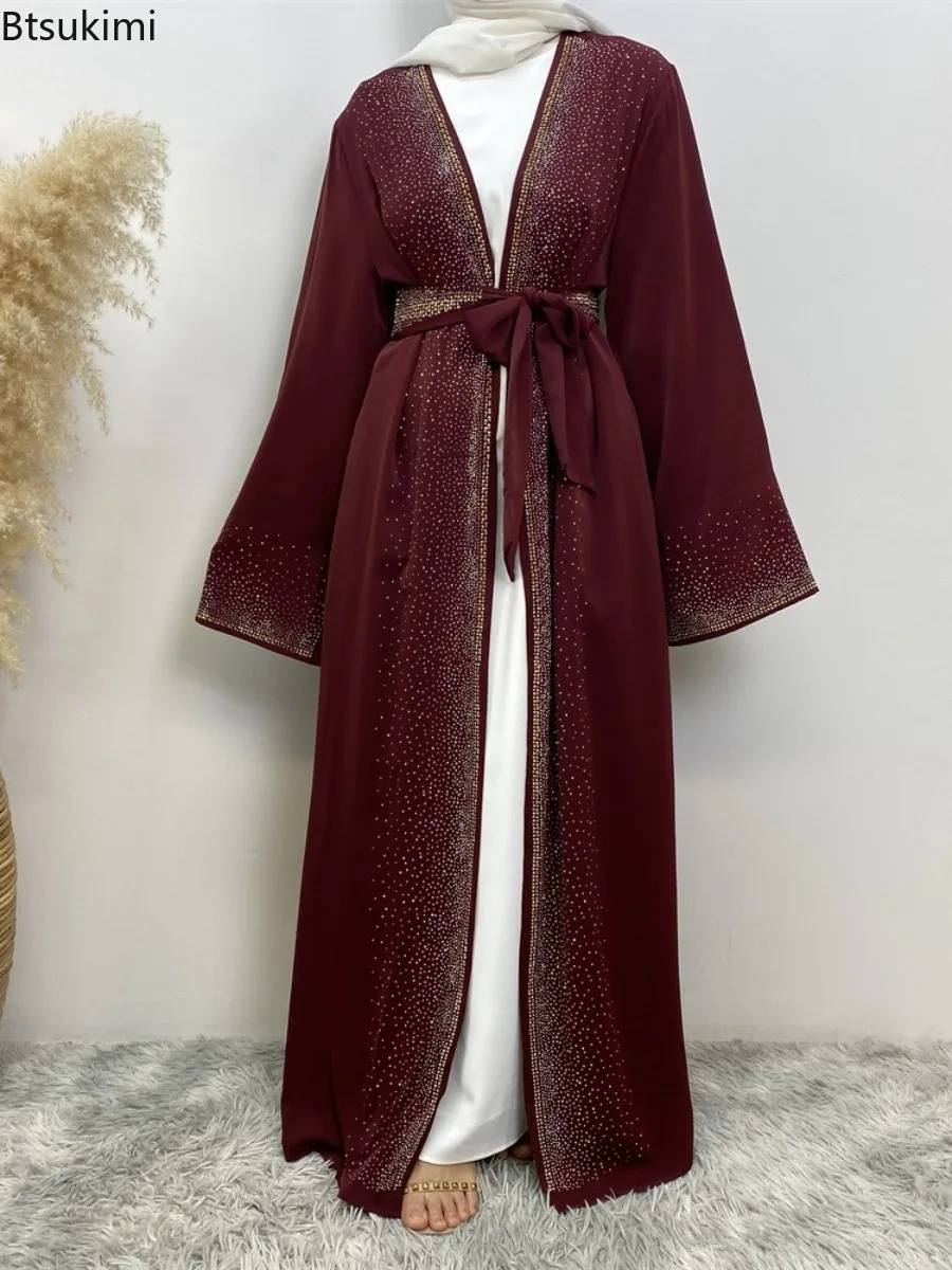 Fashion New Muslim Open Abaya for Women Diamonds Lace-up Cardigan Long Dresses Arabic Turkish Kaftan Robe Elegant Femme Musulman
