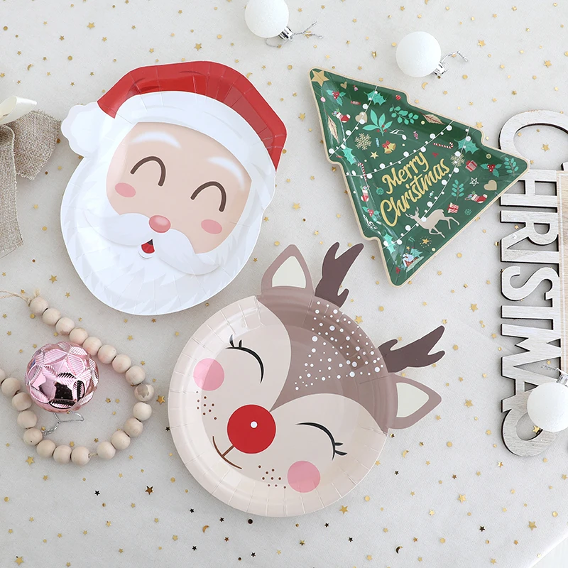 Cartoon Christmas Paper Plates 10pcs Santa Claus Elk Xmas Tree Disposable Plates Merry Christmas Decor Happy New Year