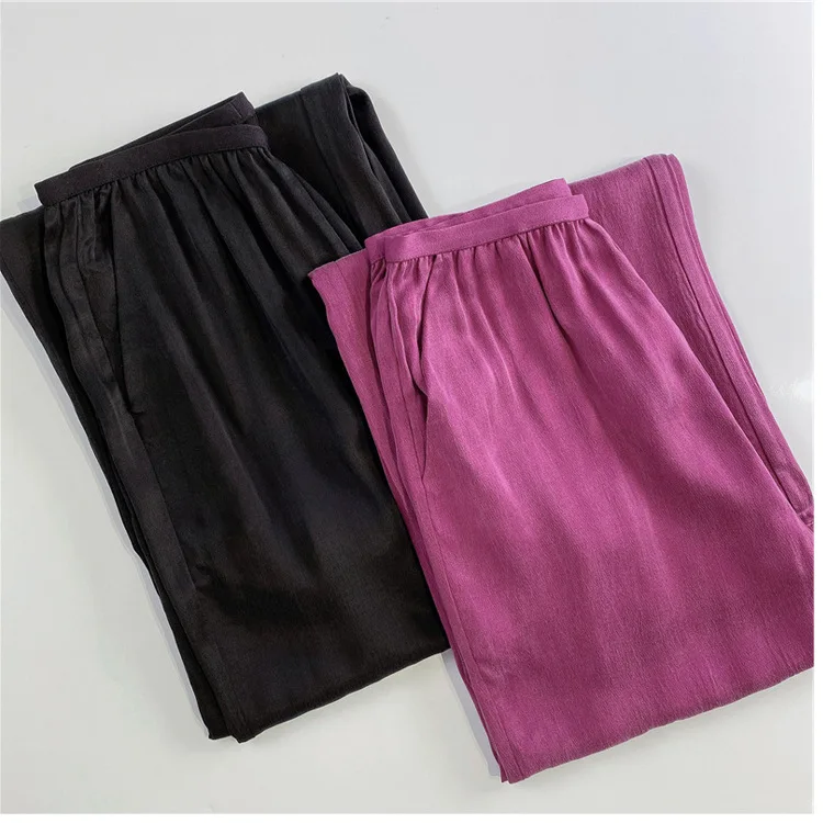 Matte Imitation Cuprammonuium Heavy Real Texture Elastic Waist Straight Wide-Leg Pants for Women