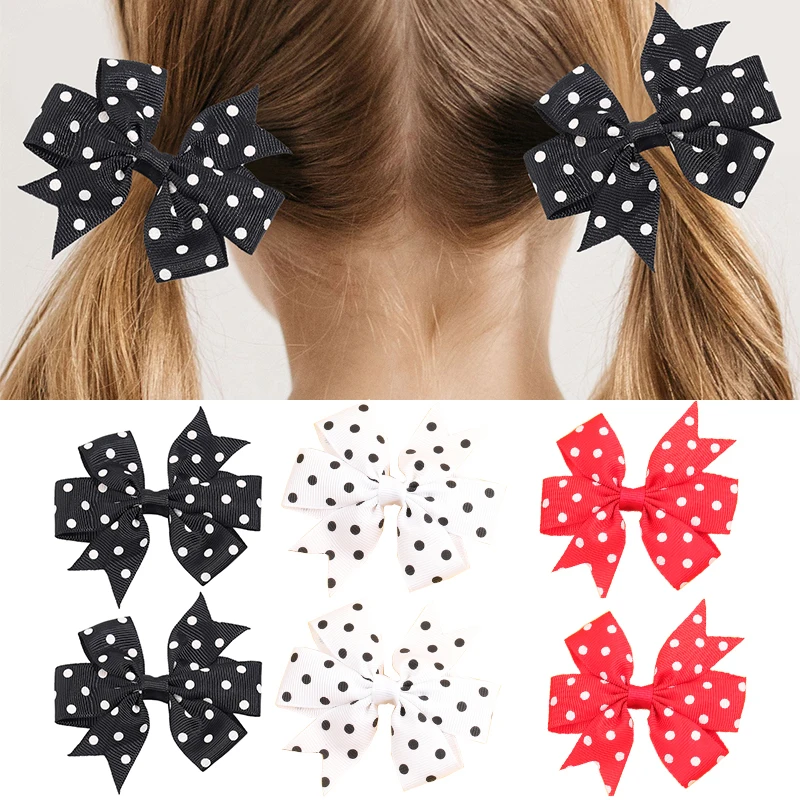 Oaoleer 2Pcs/lot 3inch Dot Hair Bows Clips For Baby Girls Cute Ribbon Handmade Hairpins Barrette Kids Headwear Hair Accessories 2pcs set shining crystal hair clip for women elegant korean design snap barrette stick hairpin hair styling accessories