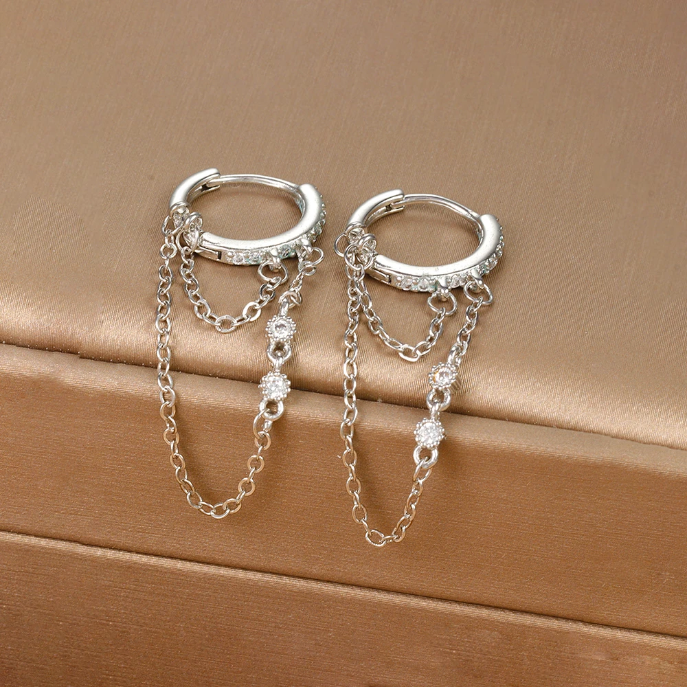 Double Chains Long Tassel Drop Earrings for Women Korean Stainless Steel Zircon Hanging Earring Piercing Jewelry