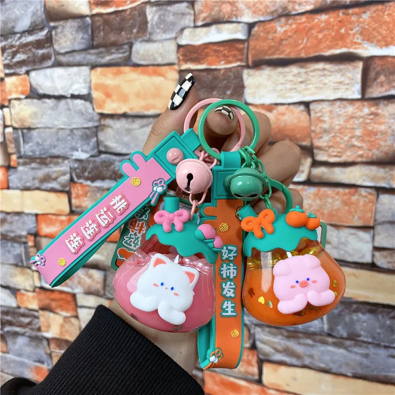 

3pcs Creative Blessing Animal Liquid Key Chain Cute Strawberry Bear Drifting Bottle Keychain Floating Sequins Quicksand Keyring
