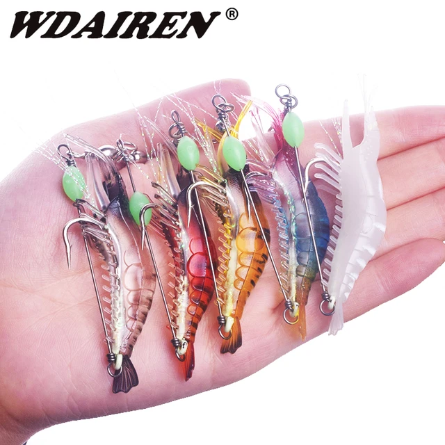 Luminous Shrimp Silicon Soft Fishing Lure Artificial Bait With Hooks Pack  of 3pcs/7pcs