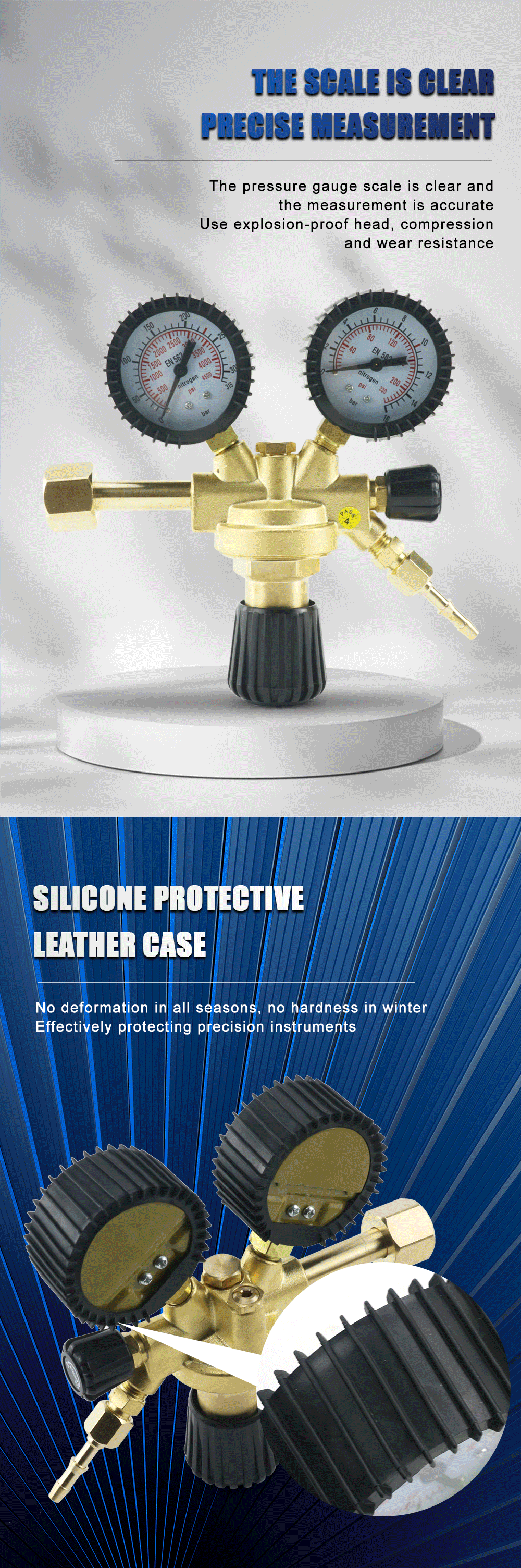 Description Picture 6 of itemBrass Nitrogen Regulator 0-4500PSI Gas Pressure Reducing Valve Connection Gauges MAG / MIG Welding W21.8 Thread