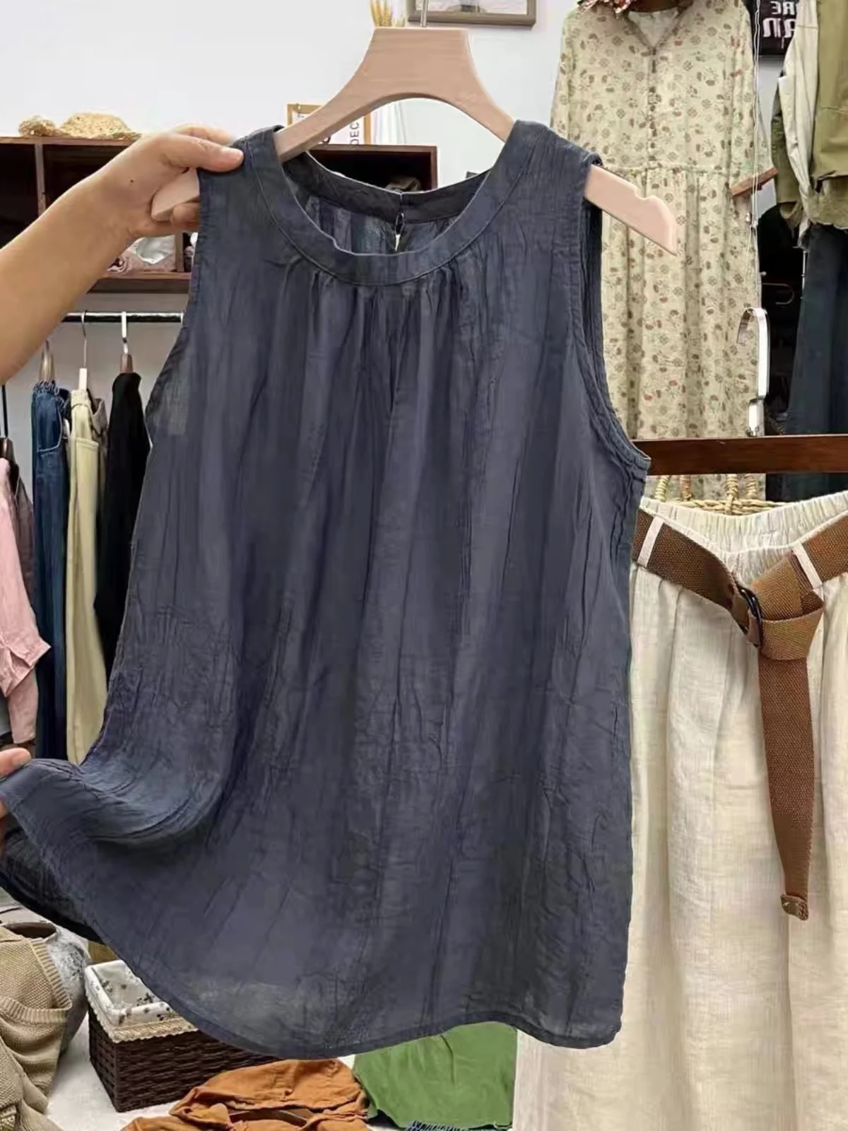 Retro Artistic Hemp Cotton-Linen Loose Women's Vest Svel Summer New Sle Faion Pleated Top Casual Versatile Outerwear