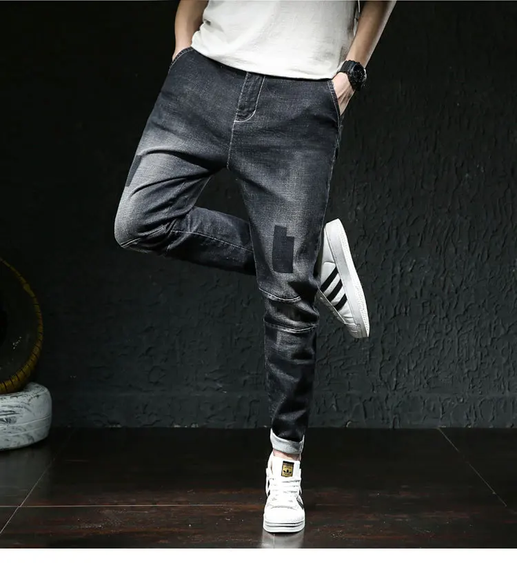 Personality Patchwork Denim Jeans Loose Men's Casual Pencil Pants Men's Stretch Jeans Trousers Brand Blue Stretch cargo jeans for men