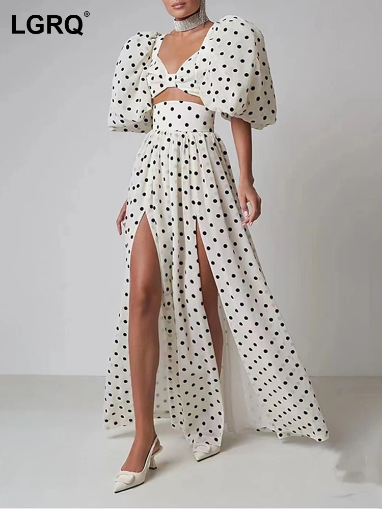 

LGRQ Trendy Elegant High Quality Polka Dots Print Puff Sleeve Long Dresses Luxury 2024 Fashion Women's Tops Skirt Sets 19F1384