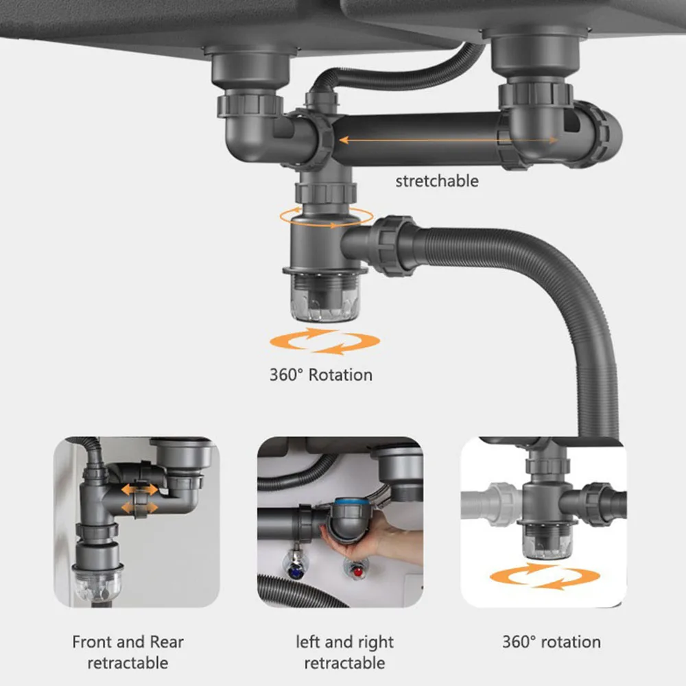 Kitchen Deodorization Sink Drain Pipe Set 3-Way Washbasin Drainage Water Hose Single Double Tank Rotate Anti-Blocking Sewer Tube