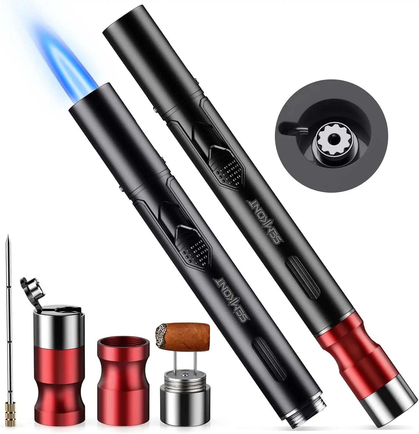 Pen Shaped Cigar Lighter,5 in 1 Lighter with Cigar Punch, Draw Enhancer and Holder,Refillable Windproof Torch Lighter