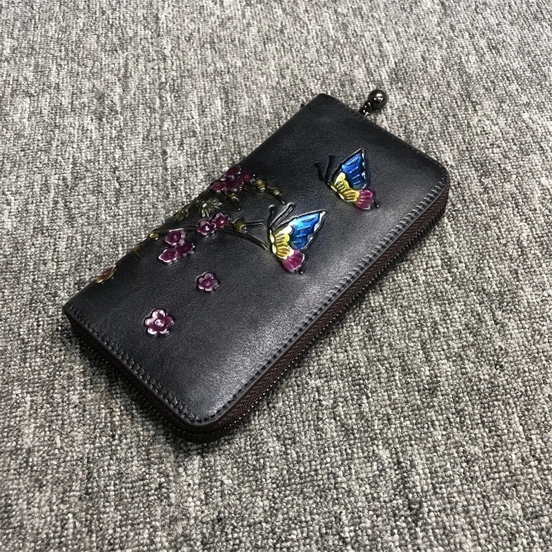 Vintage Echtes Kuh Leder Geldbörse Frauen Floral Damen Brieftasche Echtes Leder Geldbörse Lange Karte Halter Clutch Tasche – Detail 11