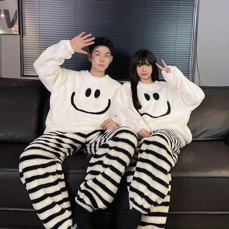 Warm Flannel Couples Sleepwear round Neck Embroidered Cartoon Home Clothes Set Thick Cotton Static Dissipation Long Sleeve Pants