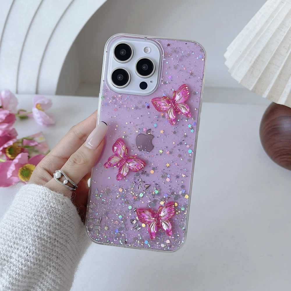 Luxury Glitter Sparkling 3D Purple Butterfly Soft Phone Case For