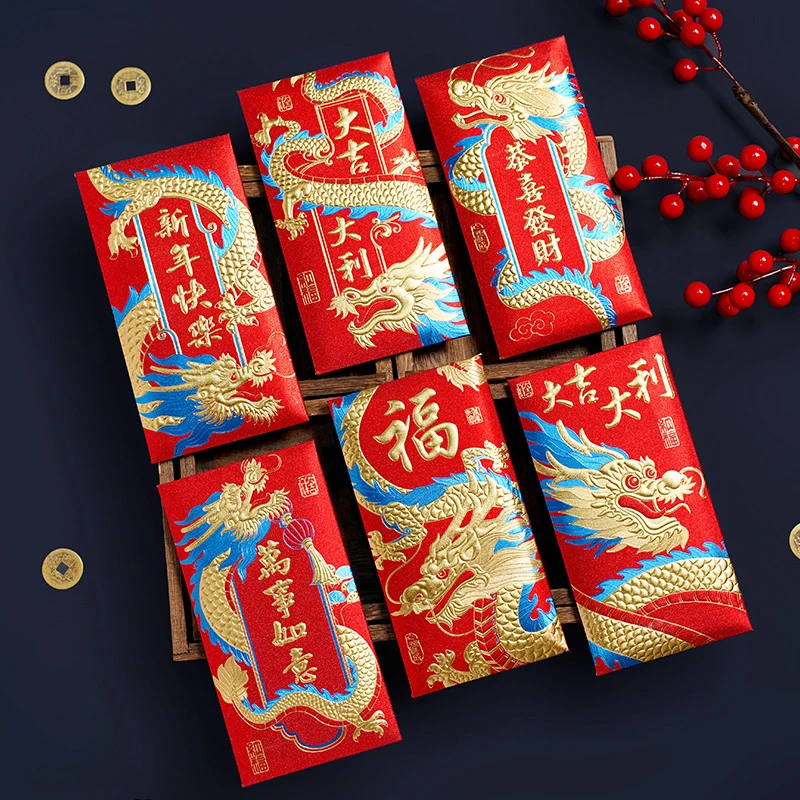 

6 шт., красные конверты для праздника Весны 2024, конверты с надписью «Счастливый день дракона», карман для денег, украшение для китайского Нового года