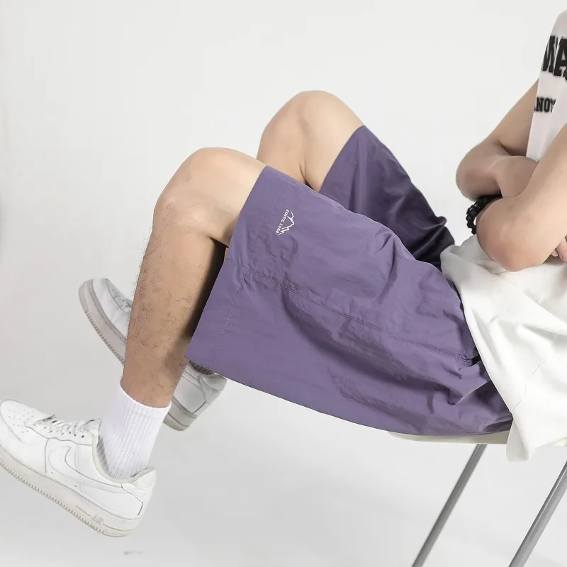 Summer Men's Solid Pockets Elastic Shirring High Waisted Bandage Sports Casual Loose Wide Leg Trousers Preppy Style Shorts