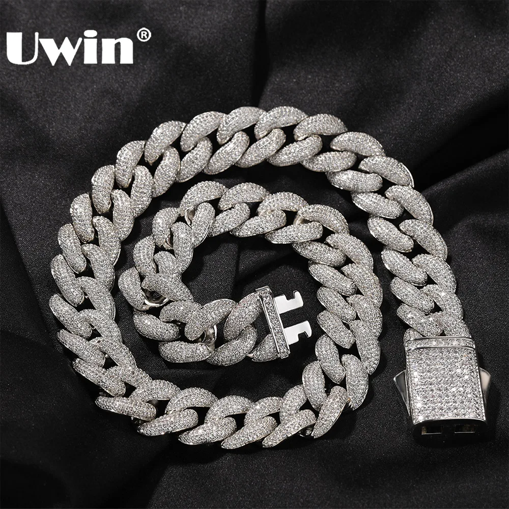 

UWIN 17mm Iced Out CZ Cuban Chain Necklace Sping Clasp Micro Paved 3D Cubic Zirconia Fashion Hip Hop Jewelry for Gift