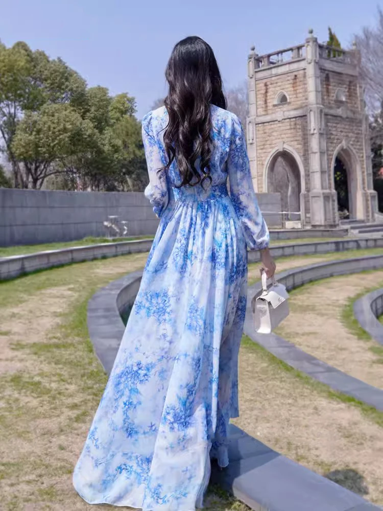 Long Sleeve Light Blue Maxi Dress New Women Summer Light Blue