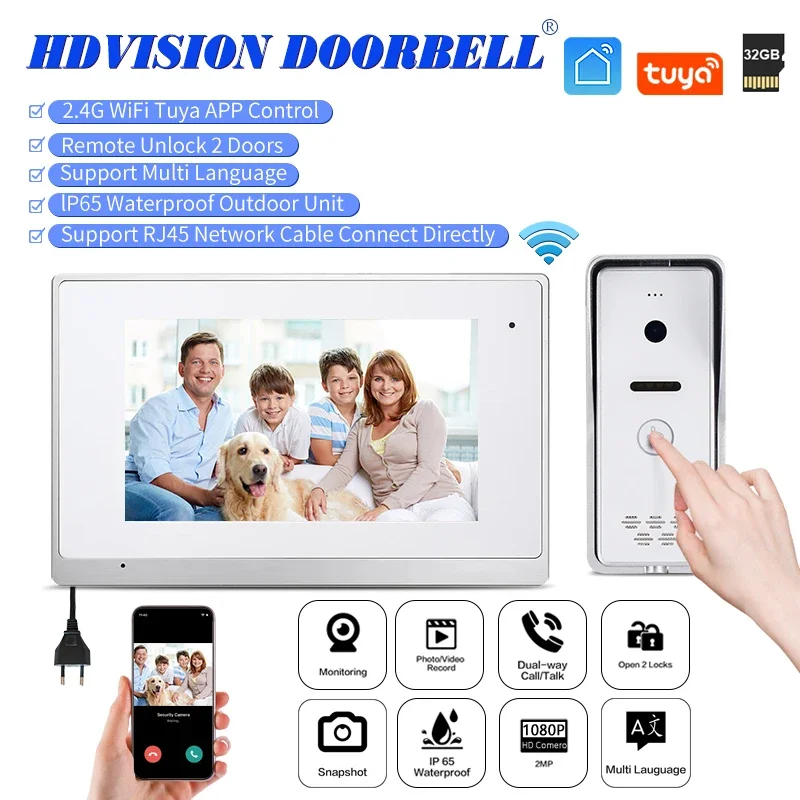 

Limited-time Promotion Doorbell 7 Inch Touch Screen 32G Memory Card for Free Remote Unlock 2 Doors Home Video Intercom
