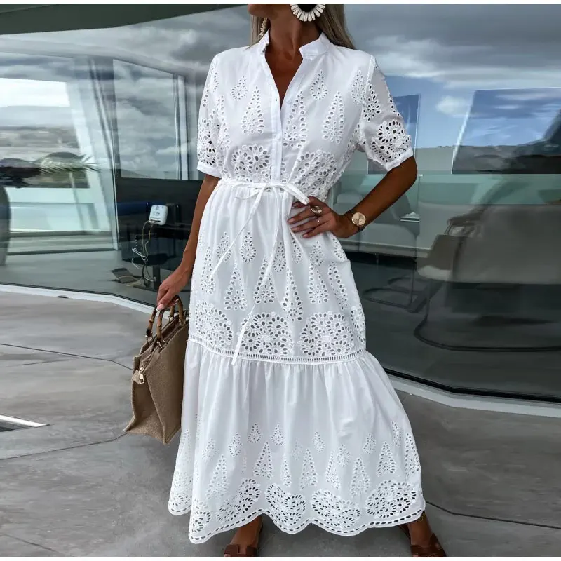 2023 New Style Dress Female White Hollow Embroidery Long Dresses Elegant Semi-turtleneck Short Sleeves Spring Summer Clothing