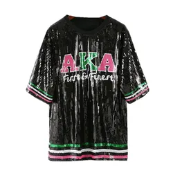 Spring Autumn New Arrival European America Hiphop Girls Streetwear AKA Stripes Funny Women T-shirts Sequined Tops Punk Tee Dress