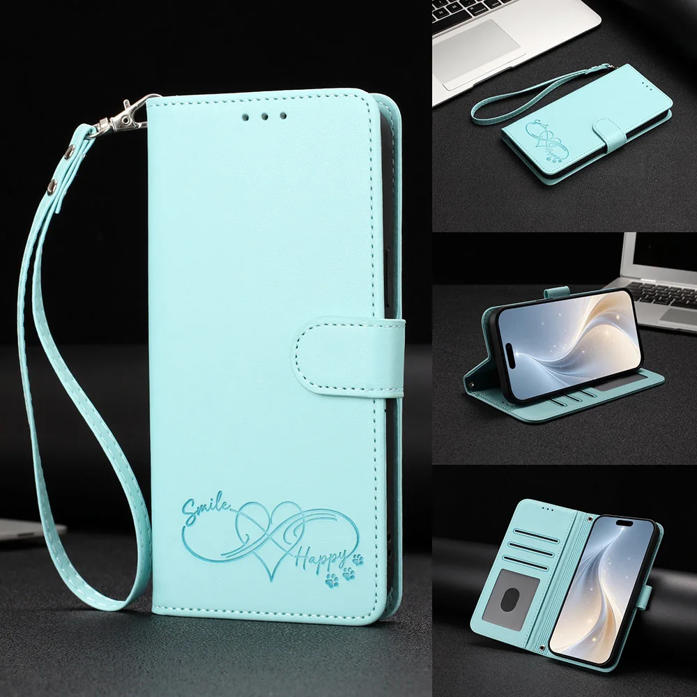 Leather Stand Wallet Phone Cover with Card Holder and Strap