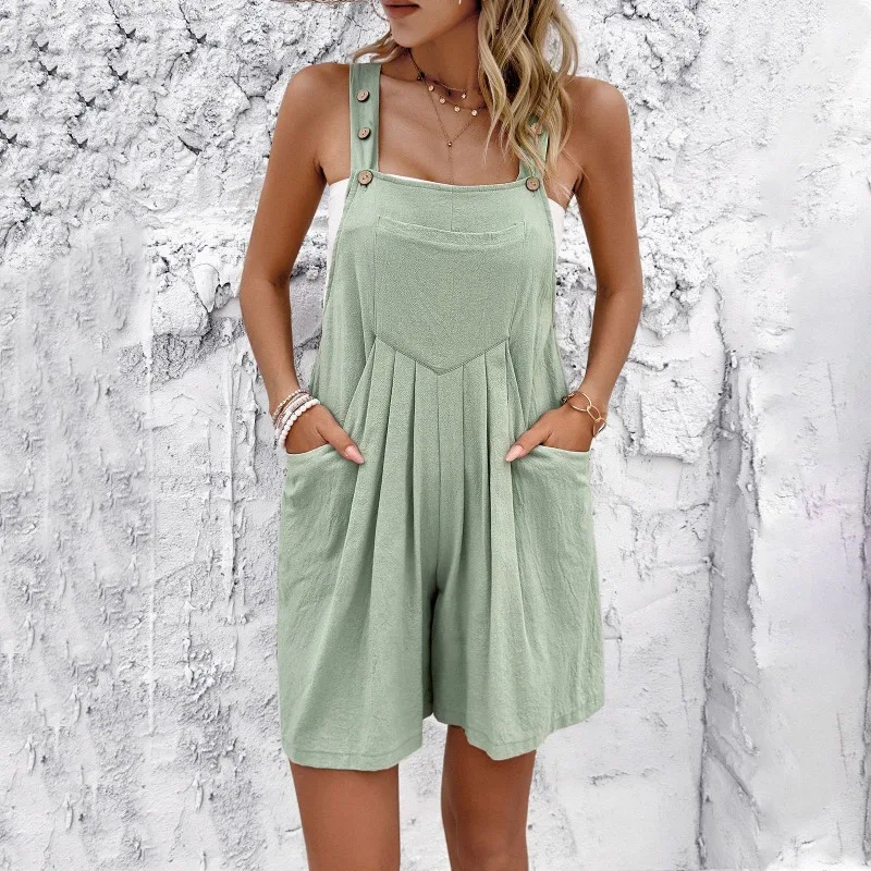 2024 Summer Women's Button Design Casual Short Jumpsuit Temperament Commuting Female Clothes Literary Retro Cotton Romper