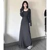 French Style Long Sleeve Grey Dress Women's Waist Cinched Slimming Draping Long Dress Autumn Winter Knee-Length Maxi Dress