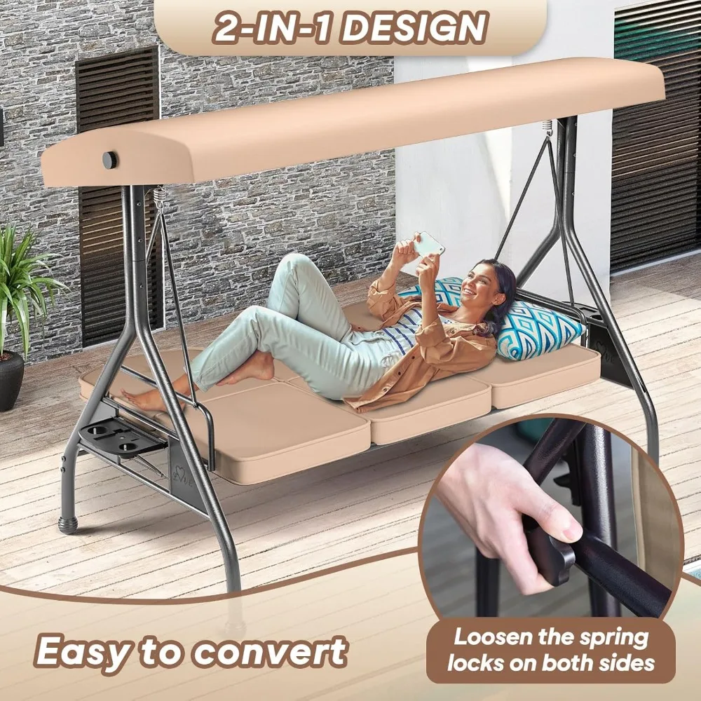 3 Seat Outdoor Porch Patio Swing 800lbs 2-in-1 Patio Swing Glider Chair with Adjustable Canopy & Removable Cushion Outdoor Adult 5