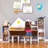 Kid's Study Desk with Bookshelf + 2 Stools for Ages 3-8, Wooden Children Activity Table with Hutch and Shelves, Kids Bedroom 3