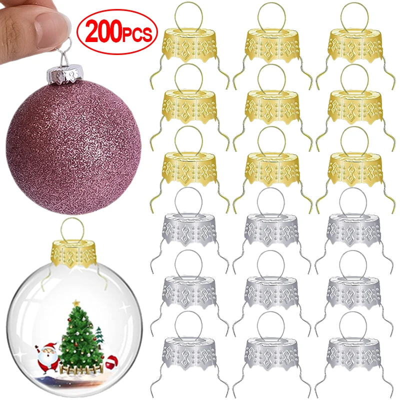 100/200pcs Round Christmas Ball Ornaments Caps Removable Metal Xmas Balls Hanging Caps Festive New Year Party DIY Decorations
