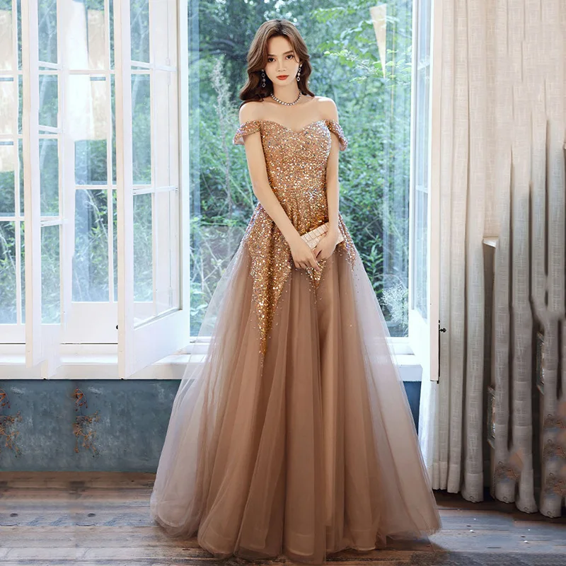 

Golden Temperament Evening Dress 2024 Autumn New Banquet Celebrity Sequins Heavy Industry Walk Show dignified Long Evening Dress