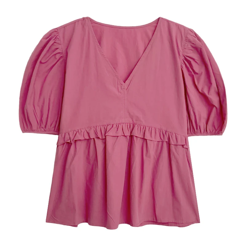 

Sweet solid color V-neck fungus edge small loose and thin puff sleeve shirt