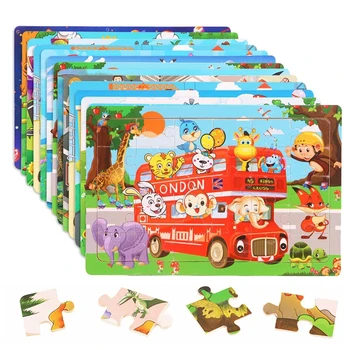 30Pieces Montessori Baby Toys Wooden 3d Puzzle Cartoon Animal Vehicle Cognition Wood Puzzle Learning Educational Toys for Kids 1