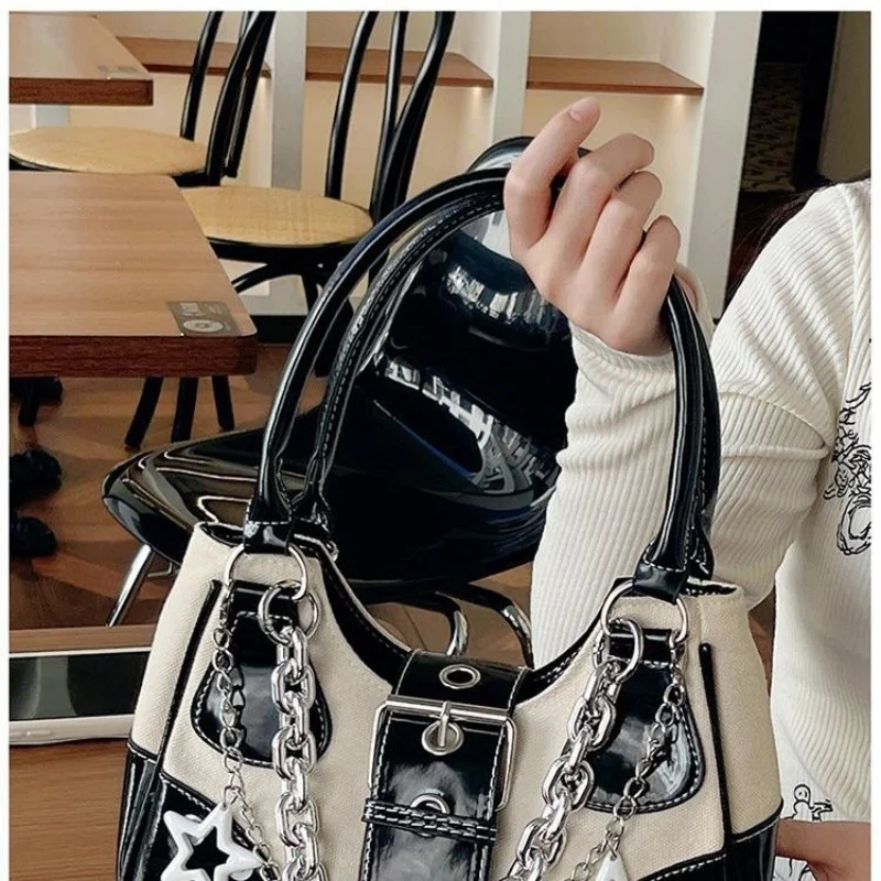 Vintage Chain Button Belt Design Fashion Shoulder Bags Spicy Girl Women Handbags All Match Korean Y2k Aesthetic Underarm Bag